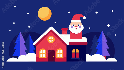 Santa claus emerges from chimney on a snowy night