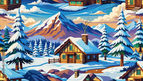 Serene winter cabin in snowy mountains