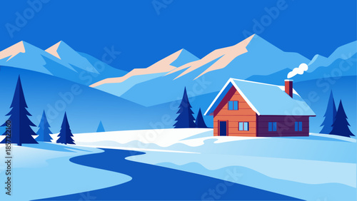 Cozy cabin in snowy mountain landscape