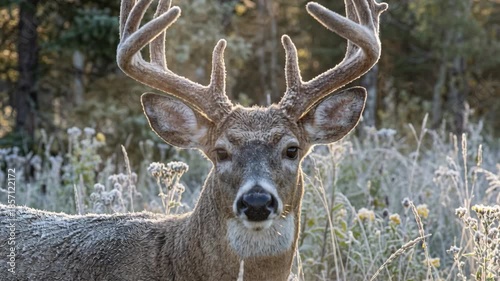 Wallpaper Mural Majestic Buck Deer with Antlers Covered in Frost Stands in a Sunlit Autumn Forest During Sunrise with Visible Breath Mist Torontodigital.ca