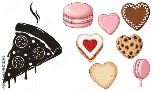 SEO Title: Pizza Slice and Heart Shaped Cookies Dessert Vector Collection