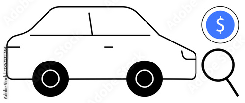 Sedan car outline with magnifying glass and price in blue circle. Ideal for automotive sales, pricing, inspection, leasing, budget planning, market research, simple flat metaphor