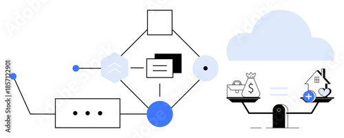 Cloud computing highlighted with automation and connected data flow diagrams. Cloud computing integration promotes efficient financial and personal data management. For software, decision-making