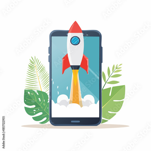 Rocket launching from a smartphone screen, digital startup launch concept with simple geometric shapes. Generative AI