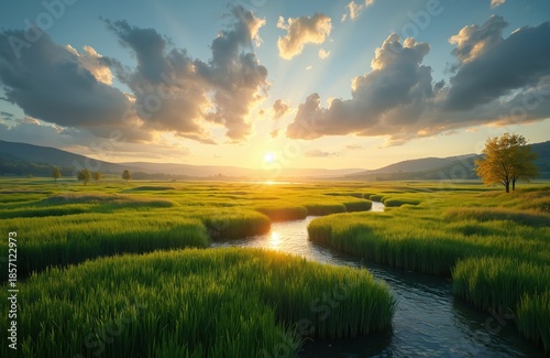 Golden sunset glows over lush green water meadows. Gentle river winds through vibrant reeds under a dramatic sky. Peaceful rural landscape at evening time, tranquil nature scene.