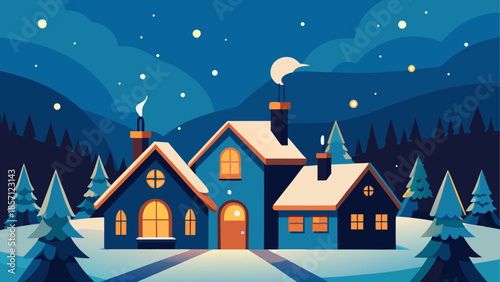 Cozy winter village under moonlight