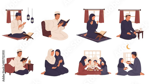 Muslim Family Ramadan Traditions Vector Illustration Set Praying, Reading Quran, and Iftar Gathering Scenes