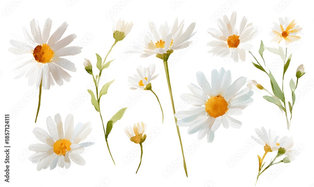 Fototapeta premium Pastel watercolor daisy flower clipart, hand-painted illustration style. White daisy flowers with soft yellow centers as the main subject. Each daisy drawn as an individual standalone element