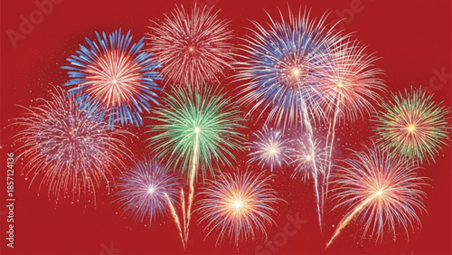 Colorful Fireworks Burst on Red Background, Festive Celebration Explosions, Holiday Party Night Sky Sparks