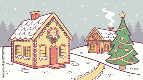 Cozy gingerbread houses in a snowy landscape