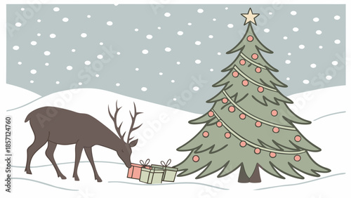 Reindeer and christmas tree in snow
