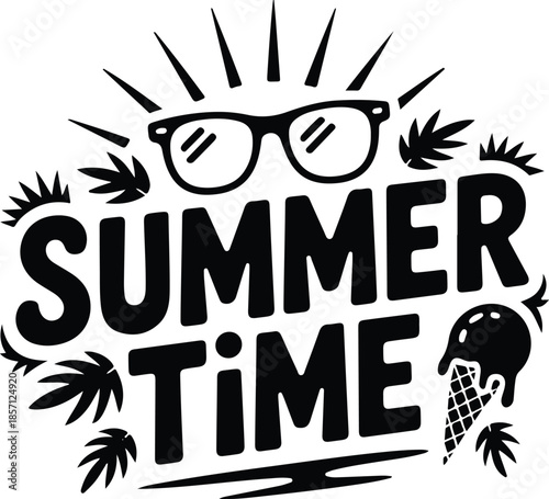 A summer themed graphic illustration featuring sunglasses palm leaves a coconut and the word summer time