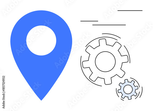 Navigation, technology, process management, efficiency, location tracking, automation. Blue location pin next to outlined gears. Navigation and technology concept