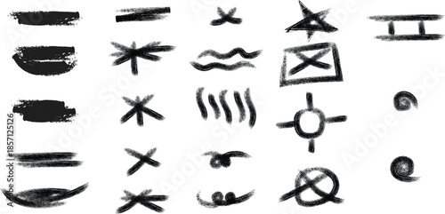 A collection of 20 abstract symbols and hieroglyphics on a white background