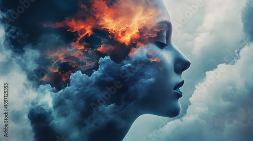 A woman's face is obscured by clouds and fire, suggesting a state of internal turmoil.