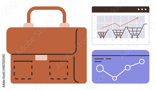 Brown briefcase, shopping cart growth chart, and analytic graph represent e-commerce, business strategy, and market success. Ideal for finance, trade, online sales, entrepreneurship planning