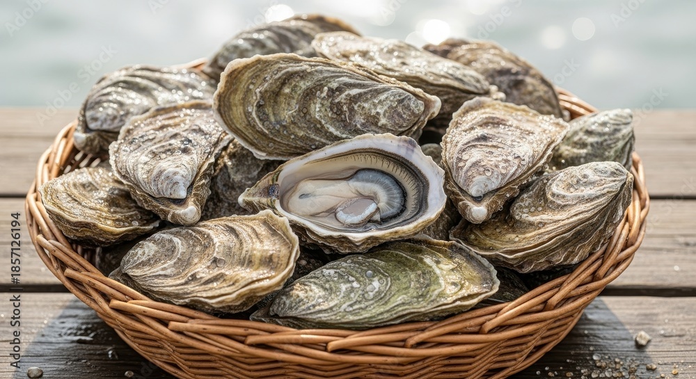 Obraz premium Fresh oyster harvest in a wicker basket, offering a culinary seafood delicacy experience