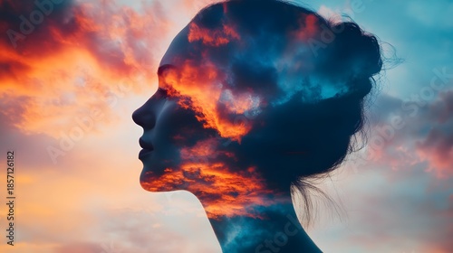 A woman's silhouette is superimposed with a colorful sunset sky, creating a powerful image of inner strength and the vastness of human potential.