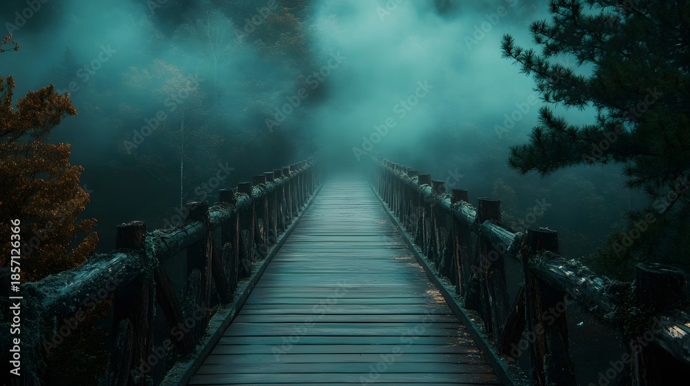 Obraz premium A wooden bridge disappears into the fog, surrounded by a dark and mysterious forest.