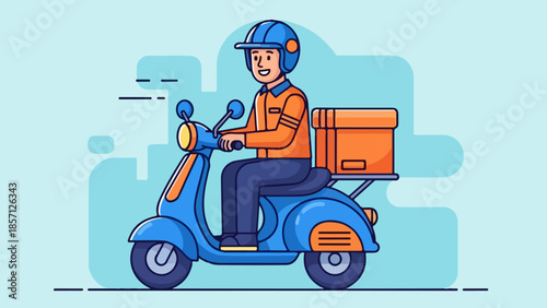 Cheerful Courier Riding Blue Scooter for Efficient Package Delivery Services, Smiling While Transporting Goods Quickly and Reliably