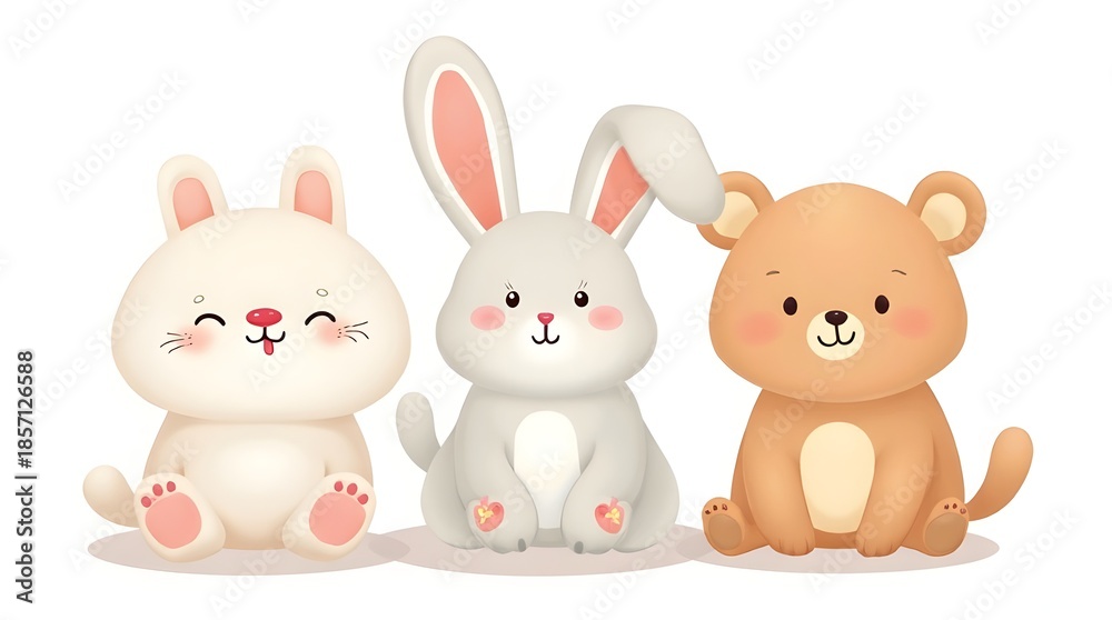 Obraz premium Adorable kawaii style illustration featuring cute animal friends such as bunny, bear, and cat. Soft pastel colors, simple shapes, and sweet expressions. Perfect for children’s designs, stickers, nurse
