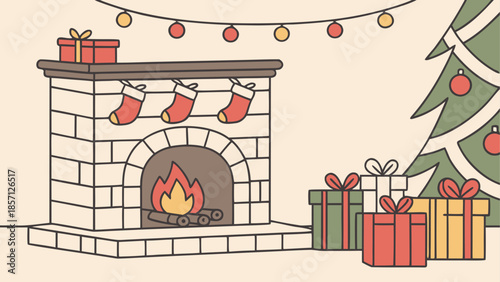 Cozy christmas fireplace with gifts and tree