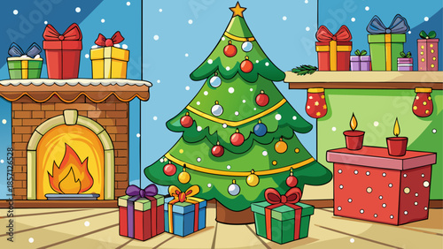 Cozy christmas scene with decorated tree and gifts