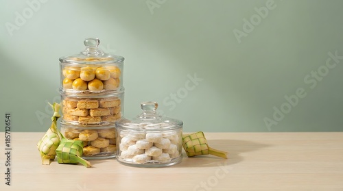 Traditional Hari Raya cookies like pineapple tarts and kuih bangkit in glass jars with ketupat decorations.