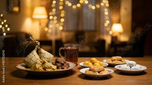 Traditional Eid sweets and pastries with tea on a wooden table at night.