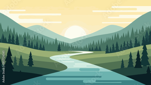 Serene Mountain Landscape with Winding River and Sunlit Sky