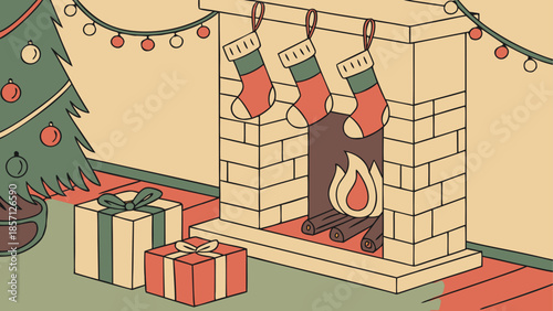 Cozy christmas fireplace with stockings and gifts