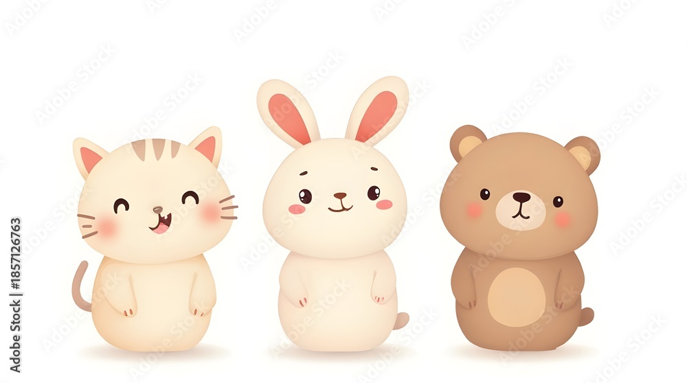 Naklejka premium Adorable kawaii style illustration featuring cute animal friends such as bunny, bear, and cat. Soft pastel colors, simple shapes, and sweet expressions. Perfect for children’s designs, stickers, nurse