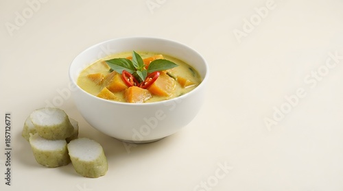 Traditional Indonesian Pumpkin Curry Sayur Lodeh with Lontong Rice Cakes in a White Bowl.
