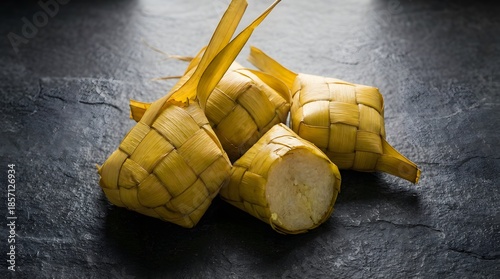 Traditional Ketupat rice dumplings on a dark textured stone background.