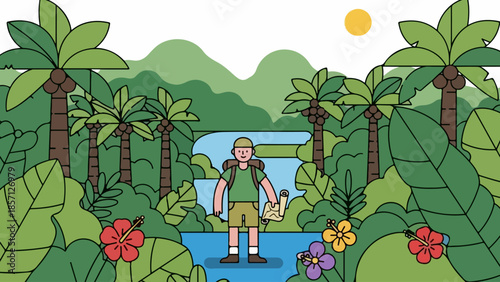 Adventurous explorer surrounded by lush tropical jungle and waterfall, holding a map and backpack