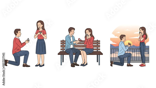 Collection of heartwarming illustrations depicting diverse marriage proposals, showcasing moments of love, surprise, and commitment between couples