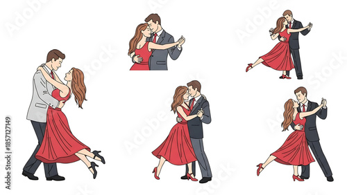 Elegant collection of dancing couples in various graceful poses, illustrating the beauty and romance of ballroom dance; perfect for design projects, vector art, and event promotions