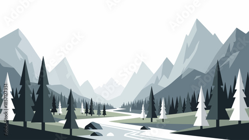 A beautifully stylized flat vector illustration depicting a serene mountain landscape with a winding river flowing through a dense evergreen forest, showcasing a tranquil wilderness escape