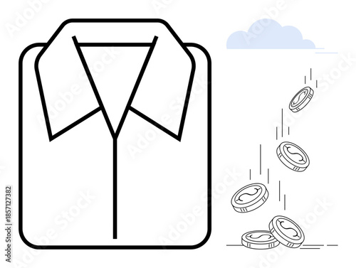 Household budget, clothing care, laundry services, expenses, cost management, savings. Shirt outline and falling coins. Laundry services and expenses concept
