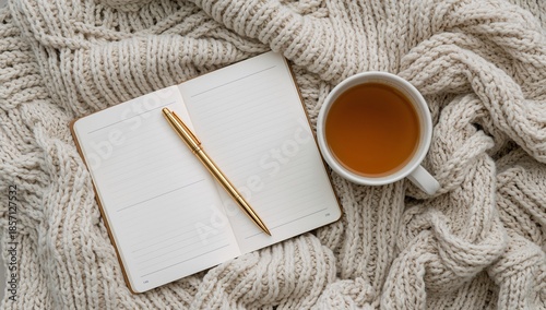 Cozy warm tea, open journal, pen on knitted blanket hygge moment