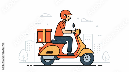 Delivery person riding a scooter with a package on the back, illustrating fast and efficient urban delivery services