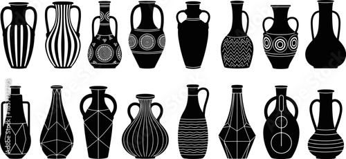 Ancient ceramic vase silhouettes vector set, decorative pottery amphora collection illustration, black traditional vessels for art, interior decor, history design