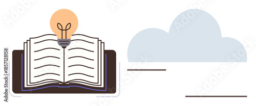Open book with glowing lightbulb suggesting ideas and learning, and cloud signifying imagination. Ideal for education, creativity, innovation, inspiration, learning, development, brainstorming