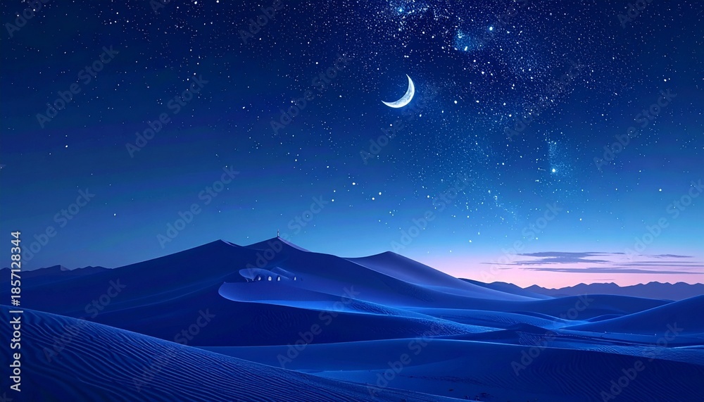 Fototapeta premium A breathtaking panoramic view of a vast, tranquil desert landscape under a majestic, star-studded night sky with a shimmering crescent moon