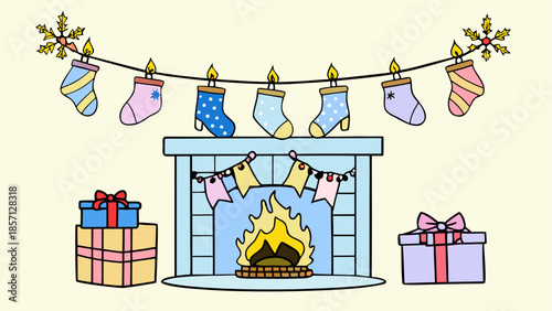 Cozy christmas fireplace with stockings and gifts