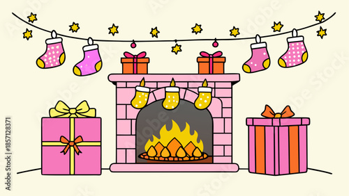 Cozy christmas fireplace with decorations