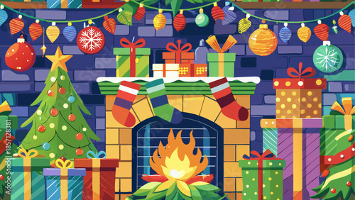 Cozy christmas fireplace with decorations