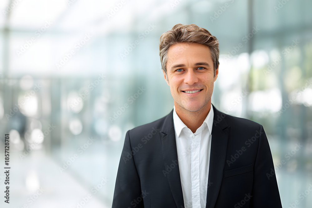 Fototapeta premium corporate portrait of business executive smiling at camera in professional office setting, copy space with soft blur