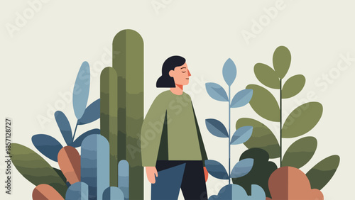 A person surrounded by lush green plants and towering cacti, conveying a sense of natural beauty and tranquility in a stylized illustration