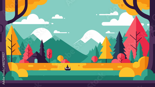 A serene landscape illustration featuring a tranquil river, majestic mountains, and a vibrant forest under a clear sky, evoking a sense of peace and adventure